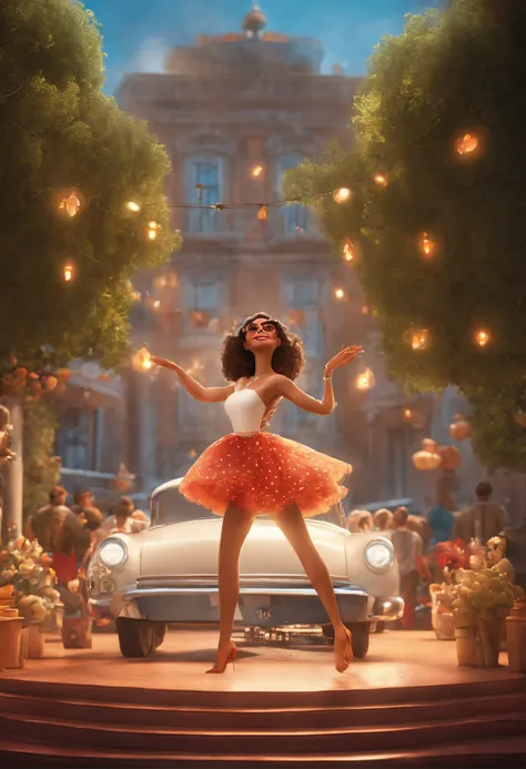 "(best quality,ultra-detalhado,Realistic:1.37),3D rendering,illustration,design de personagens,cabelos curtos e cacheados escuros,belos olhos detalhados,wearing white glasses,Estilo Pixar,morena mulher,Dancing on the Disney stage,atmosfera animada,vivid co...