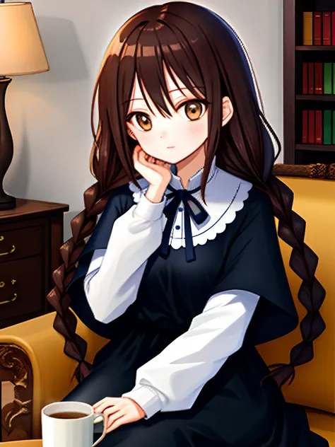 high quality, detailed, 1girl, dark brown eyes, small breasts, 
dark brown hair, twin braids, t shirt, long sleeves, long skirt, 
from front, upper body, living room, 
drinking, holding mug both hands on face