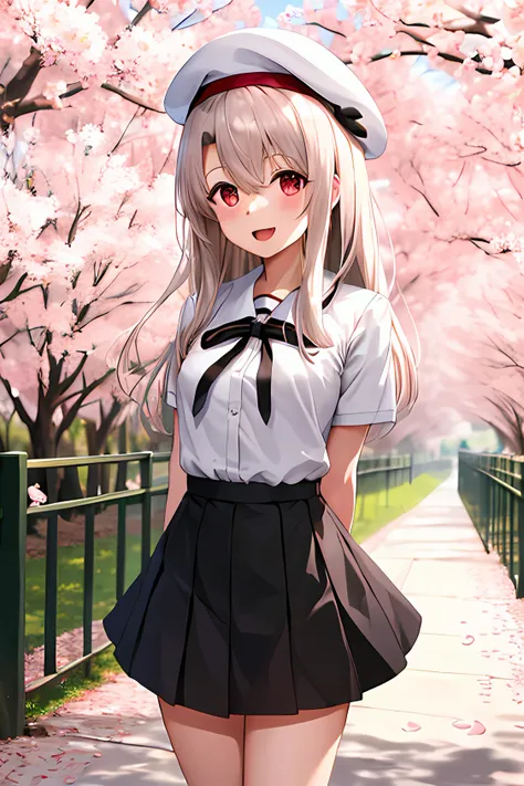 masterpiece, best quality, highres, aaillya, long hair, beret, white headwear, small breasts, school uniform, neck ribbon, white shirt, collared shirt, short sleeves, black skirt, cherry blossoms, arms behind back, outdoors, standing, smile, open mouth, le...