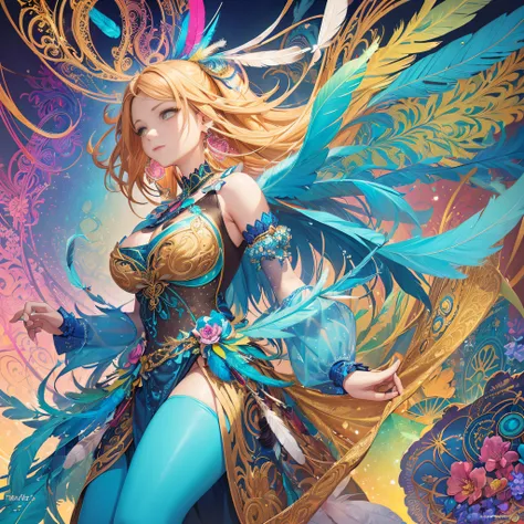 girl with, Big breasts, Bare shoulders, Blonde hair, colorful feather, metal ornaments, Colorful flowers, Particle, light, (masutepiece, of the highest quality, Best Quality, Official art, Beautiful and aesthetic:1.2), (1girl in:1.3), Extremely detailed, (...