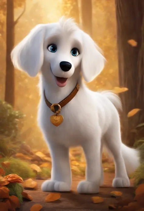 Disney Pixar movie animated poster of a beautiful silky white hair and caramel little german sptiz with big black eyes and a black nose,