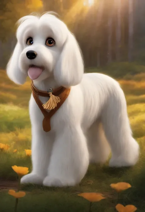 Disney Pixar movie animated poster of a beautiful silky white hair and caramel little german sptiz with big black eyes and a black nose,