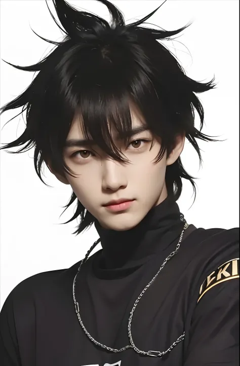 A boy with realistic black hair, exactly the same hairstyle, realistic yellow eyes, realistic Korean handsome face, realistic cool expression,Adapt exact clothing, realistic black t-shirt, realistic light, realistic shadows, realistic background