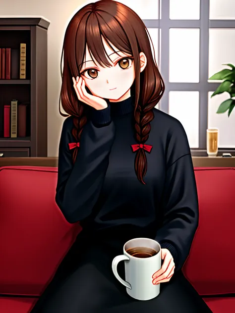 high quality, detailed, 1girl, dark brown eyes, small breasts, 
dark brown hair, twin braids, t shirt, long sleeves, long skirt, 
from front, upper body, living room, 
drinking, holding mug both hands on face