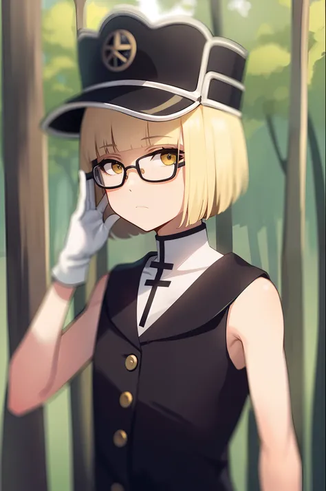 ,outdoors,nature,forest,day, 1girl, blonde hair, solo, military hat, sleeveless dress, ancient background, yellow eyes, looking at viewer, blunt bangs, apocalypse background, closed mouth, white headwear, upper body, bob cut, bare shoulders, blue gloves, f...