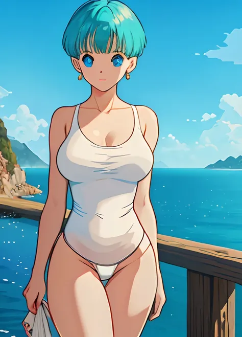 masterpiece, best quality, highest quality, (perfect illumination:1.4), (photorealistic), perfect anatomy, perfect face, perfect eyes, aqua hair, short hair,  blue eyes, earrings,(white panties:1.5)