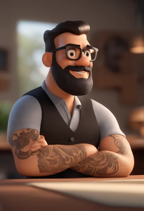 Cartoon character of a man with black glasses and a black polo shirt, cabelo liso, With beard and old school tattoo on his arm, animation character, Caractere estilizado, animation style rendering, 3D estilizado, Arnold Maya render, 3 d render stylized, to...