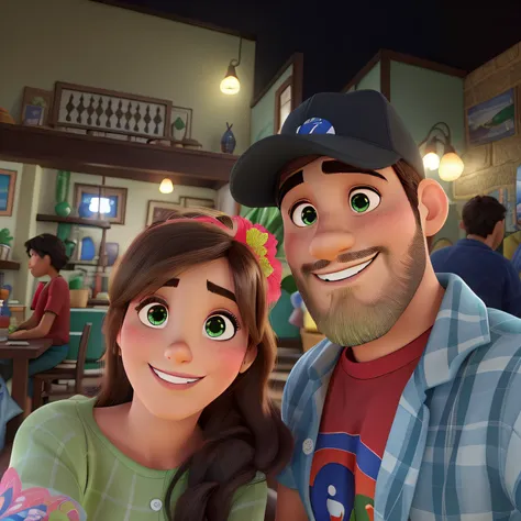 estilo disney pixar, alta qualidade, melhor qualidade, tema romantico casal feliz homem com barba e olhos verdes