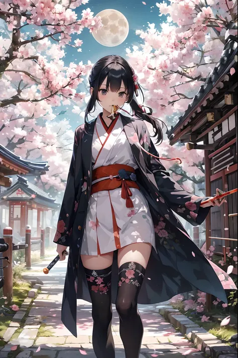 masutepiece、ultra-quality、accurate detail、A woman in a long coat runs through the forest with a sword, 1girl in, Solo, Samurai、(((Hold the pipe in your mouth)))、arma,Japanese Katana Sword, Moon, Sword, Kimono, thighs thighs thighs thighs, architecture, Bla...