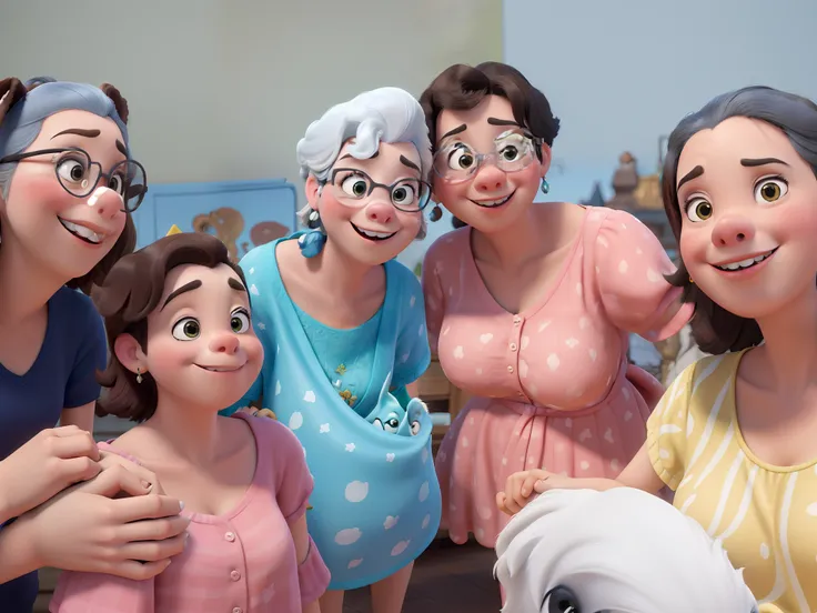 Obra-prima ao estilo Disney/Pixar in high quality and high resolution. Quatro mulheres uma delas com um cachorro schnauzer branco no colo e  uma menina juntas ao ar livre