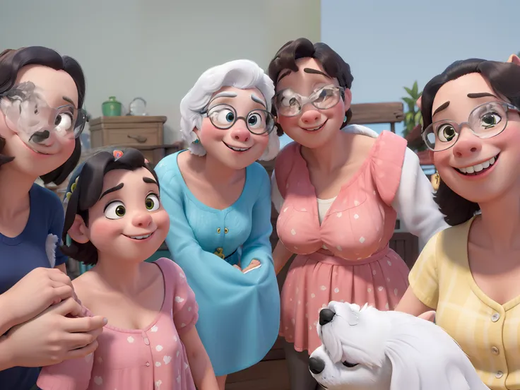 Obra-prima ao estilo Disney/Pixar in high quality and high resolution. Quatro mulheres uma delas com um cachorro schnauzer branco no colo e  uma menina juntas ao ar livre