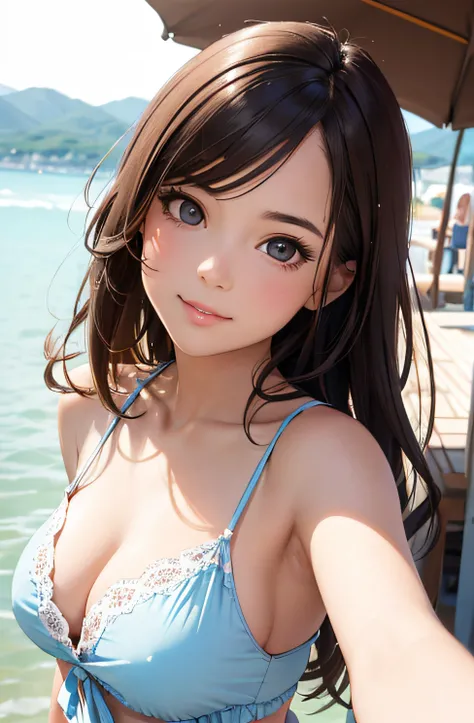 girl in summer clothes, top shot,((selfie)), random background, kiss, beautiful, medium breasts, flirtatious look, ((very detailed)), (perfectly detailed face), (well detailed hand), photorealistic image.