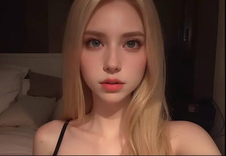 Blonde woman with long hair and black bra top posing for a photo, 19-year-old girl, 18 anos, Amouranth, longos cabelos loiros e olhos grandes, jovem Amouranth bonito, cabelos loiros e olhos grandes, 1 6 anos, very very very pale white skin, with pale skin,...