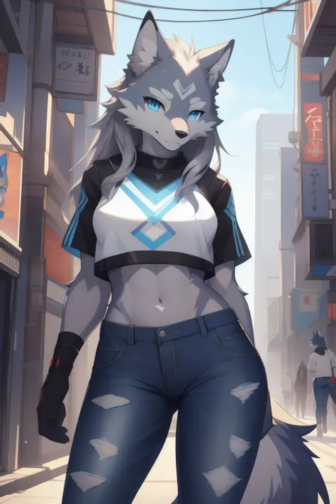 masterpiece, solo, 1girl, furry, kemono, furry wolf, anthropomorphic, female, blue eyes, (silver fur, silver skin), crop top, je...