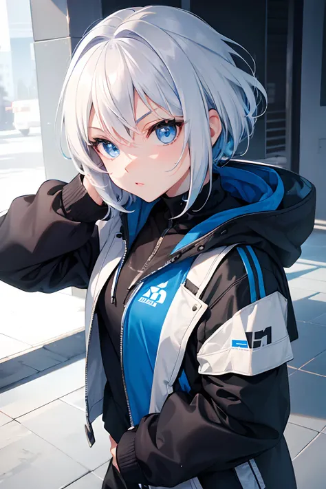 1girl, hoodie techwear, blue eyes, white hair, ultrasharp, short hair, 8k, looking at viewer, mean stare