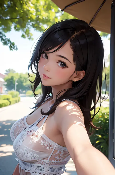 girl in summer clothes, top shot,((selfie)), random background, kiss, beautiful, medium breasts, flirtatious look, ((very detailed)), (perfectly detailed face), (well detailed hand), photorealistic image.