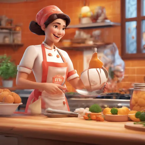 (high-quality,realistic,Pixar-style:1.1),3D animated scene,woman with straight brown hair,35 years old,cooking,dressed as a pastry chef,garden scene, bright and vibrant colors,warm lighting,delicious pastries on display,detailed kitchen utensils and ingred...