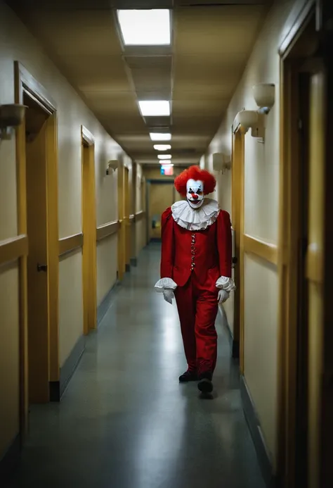 Clown in a hospital hallway