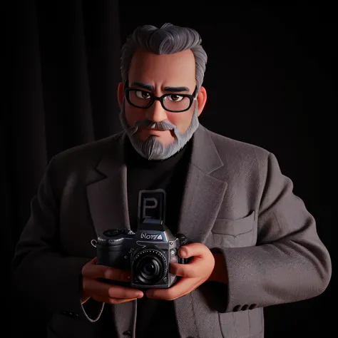 50-year-old man, very short bald hair, gray hair and beard, small black eyes, he has a camera in his hands, done in the Pixar Disney cartoon style