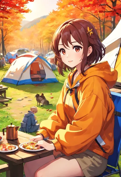 (Manga Magazine - Shonen Jump: 1.5), Lots of characters, camping, In the mountains, Red, yellow, Green Autumn Leaves Location: 1.3, A beautiful woman with symmetrical features and a perfect body: 1.4, Perfect A beautiful woman with a beautiful body: 1.4, F...