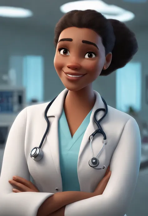 Imagem estilo Pixar com personagem 3D mulher branca cabelo liso com cabelo loiro tamanho mediano enfermeira com jaleco branco Disney, bonitinho, sorridente ,Close-up, Pixar, Disney, Lighting of a hospital inside a lab coat