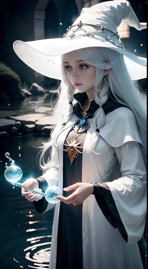 long  white hair，sorceress woman，teens girl，Witch robes，Witch hat，Water Mage，Water Mage，White skin，with light glowing，Floating water ring，Floating particles