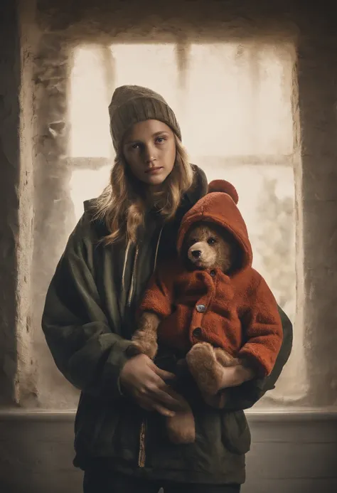 A freedom man wearing hoodie, stand with child girl holding teddy bear , after war, hyperdetailed, hyper realism