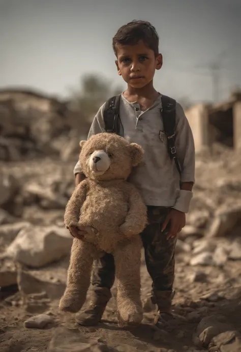 A freedom guy wearing hoodie, stand with child girl holding teddy bear , after war, hyperdetailed, hyprr realism, Photo of life awarded by National Geographic, Gaza Strip destroyed after war |5-years-old, child girl , holding a teddy doll in the middle of ...