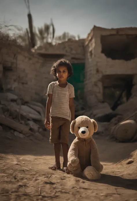 A freedom guy wearing hoodie, stand with child girl holding teddy bear , after war, hyperdetailed, hyprr realism, Photo of life awarded by National Geographic, Gaza Strip destroyed after war |5-years-old, child girl , holding a teddy doll in the middle of ...