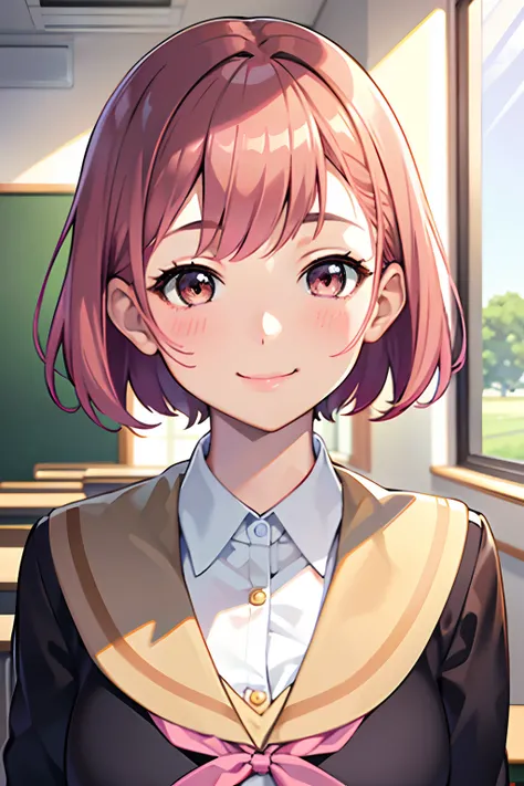 best quality, masterpiece, portrait, close up, upper body,
1girl, yuigahama yui, pink hair, brown eyes, short hair, single hair bun, medium breasts, school uniform, black jacket,
indoors, classroom,
looking at viewer, smile