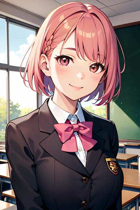 best quality, masterpiece, portrait, close up, upper body,
1girl, yuigahama yui, pink hair, brown eyes, short hair, single hair bun, medium breasts, school uniform, black jacket,
indoors, classroom,
looking at viewer, smile