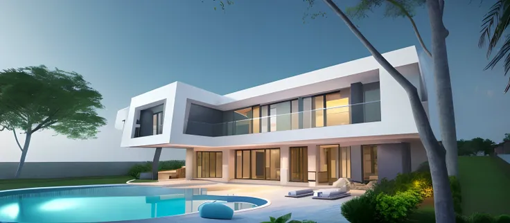 a rendering of a house with a pool and a patio, exterior design, concept house, contemporary house, front view dramatic, front facing view, conceptual rendering, large modern residence, d render, residential design, custom modern castle, mantra rendering, ...