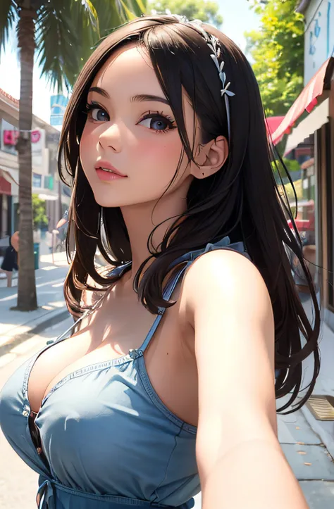 girl in summer clothes, top shot,((selfie)), random background, kiss, beautiful, medium breasts, flirtatious look, ((very detailed)), (perfectly detailed face), (well detailed hand), photorealistic image.