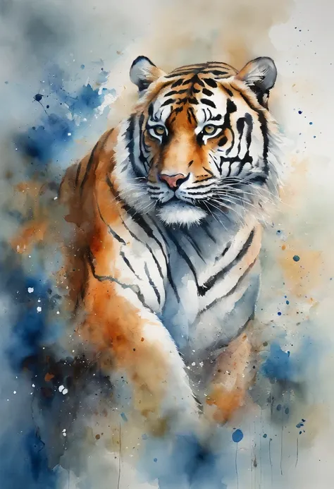 Create a realistic image of a Siberian tiger where its striking gaze is fixed straight ahead and its body blends into an abstract background with different shades of blue and the blue spots gently form an abstract butterfly