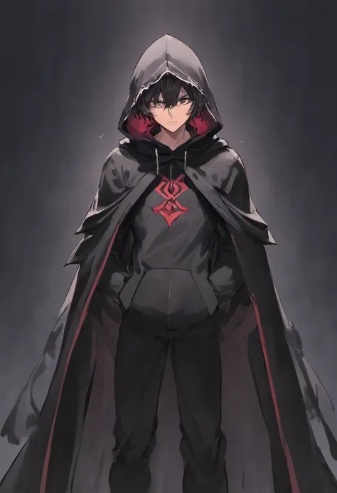 A human male, 6’0 feet tall and extremely lean, muscular and athletic, wears a black hooded cloak and a spiral black mask, as the sharingan, as black short, messy and spiky hair