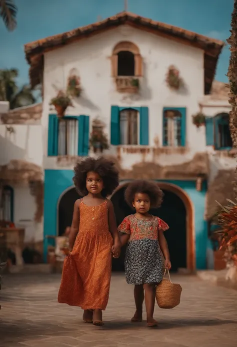 Uma menina gorda e branca com roupas escuras e menino pequeno e negro com roupas claras