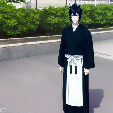 smile, outdoors, Japanese city, (white haori, black hakama), masterpiece, male focus, best quality, green eyes, black hair, 1boy, solo, shinigami_Naofumi, Iwatani_Naofumi, solo,