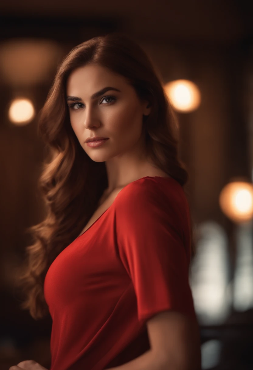 professional, (4k photo:1.1) by (Jeremy Lipking:0.3), (Dittmann Anna:0.3), (Arian Mark:0.3), (Sharp focus:1.3), high detail, wearing (lowcut red shirt:1.2), beautiful detailed face, hazel eyes, long auburn hair, (attractive young woman:1.3), (seductive:1.1...