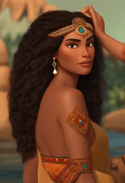 Translate the text below into English 

make a 3D Pixar style poster,of a tanned medium medium-skinned woman, cabelo longo liso, castanho, repartido ao meio, mandando beijinho, inspirado na personagem Pocahontas