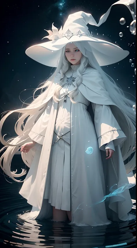 Full-body view photograph in the distance，full-body portraits，long  white hair，Witch Woman，teens girl，White witch robes，White witch hat，Water Mage，White-colored skin，Background with，Water curtain，with light glowing，Floating water rings，particles floating，F...