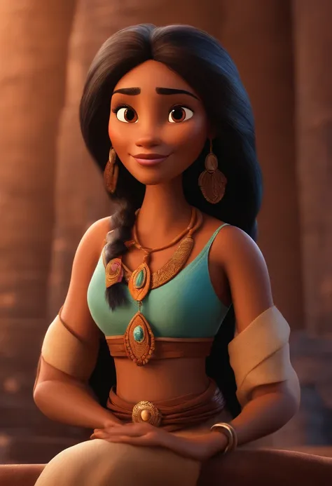 make a 3D Pixar style poster,of a tanned medium medium-skinned woman, cabelo longo liso, castanho, repartido ao meio, mandando beijinho, inspirado na personagem Pocahontas