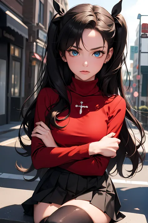 (masterpiece), best quality, expressive eyes, perfect face, 1girl, solo, rintohsaka, rin tohsaka, aqua eyes, black hair, hair ribbon, long hair, ribbon, sidelocks, two side up, black skirt, black thighhighs, long sleeves, miniskirt, pleated skirt, ((red sw...