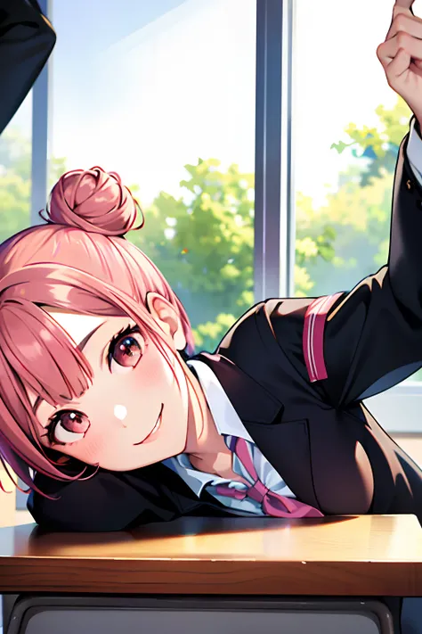 best quality, masterpiece, portrait, close up, upper body,
1girl, yuigahama yui, pink hair, brown eyes, short hair, single hair bun, medium breasts, school uniform, black jacket,
indoors, classroom,
looking at viewer, smile