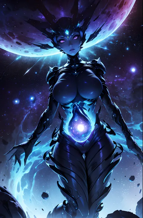 "cosmic entity": uma mulher com quatro olhos brilhantes, multiple arms, A breathtaking view from space reveals a twisted galaxy filled with strange life forms and entities that humans understand. Planet with night sky, fenda, leviathan, 8k, lindo, dramatic...