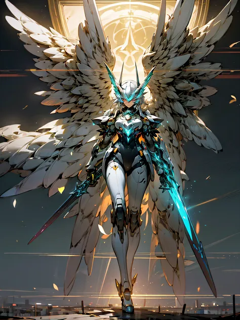 a powerful and powerful mech, robust, two-color neon luminous eyes, mech open wings, dual swords, exuding its strength, full bod...