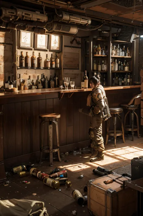 Shabby bar interior scene, Wine bottles and some clutter on the ground, Detailed textures and lighting, a screenshot of a rusty, borderlands 4k render, discarded mechsuit in background, A story from the Borderlands, intricately details. illusory engine, re...