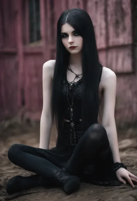 realistic 13-years-old girl photos with long hair (goth), Cute face, squatting, Slender body, skinny open legs, Thin ankles, thin-waist, bodypaint, sexy posing, shower