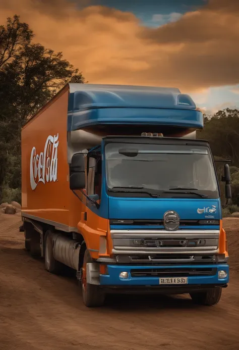 Criar um personagem de desenho animado de cabelo escuro enrolado, comiseta gola polo azul escuro, Orange sign vest in an open shed with trucks being loaded in the background of the image with the Coca Cola symbol, o piso do local deve estar todo destruido ...