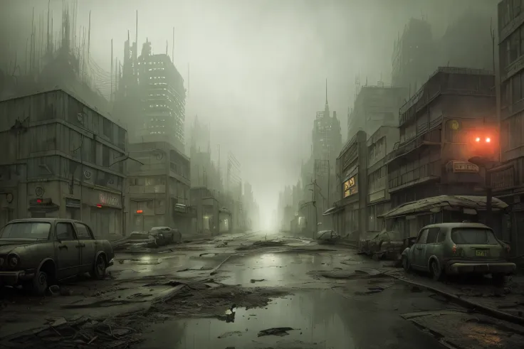 a post apocalyptic cityscape, muted colors, hyperrealism, fog, dark atmosphere, hdr, rainy, intricate details, fallout style