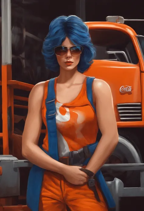 Criar um personagem de desenho animado de cabelo escuro enrolado, comiseta azul, wearing an orange signal vest. In the background of the image an open metal shed with trucks being loaded with the Coca Cola symbol.